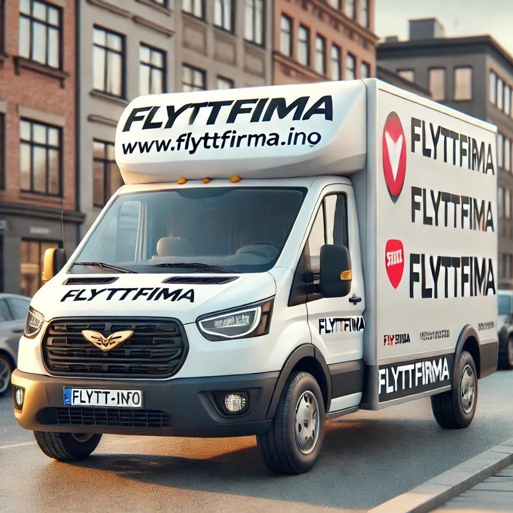 White moving van with 'FLYTFFIMA' logo on city street.